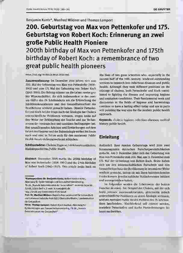 Vorschauseite 1: 200. Geburtstag von Max von Retten kofer und 175. Geburtstag von Robert Koch: Erinnerung an zwei große Public Health Pioniere
