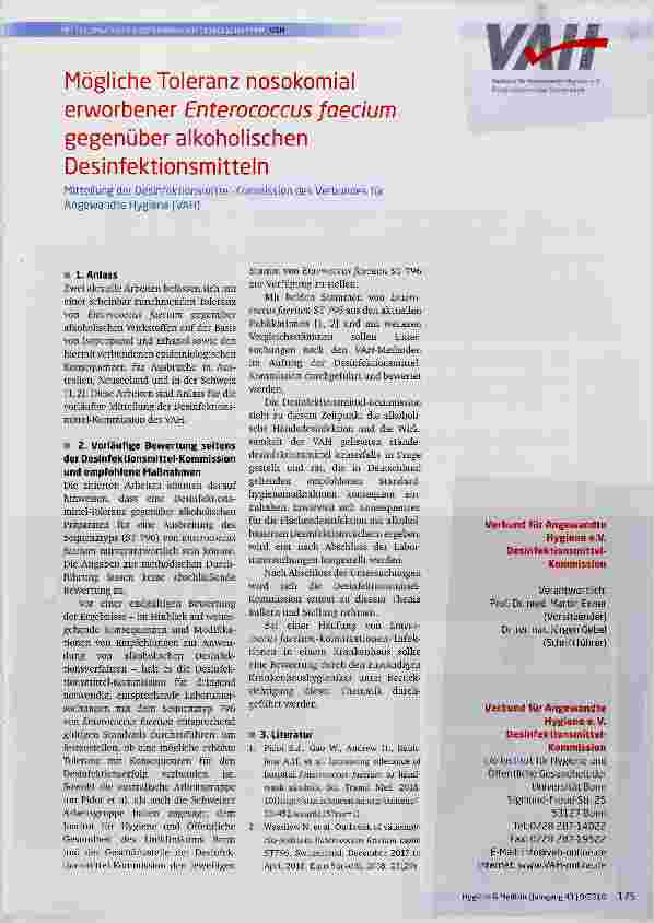 Vorschauseite 1: Mögliche Toleranz nosokomial erworbener Enterococcus faecium gegenüber alkoholischen Desinfektionsmitteln