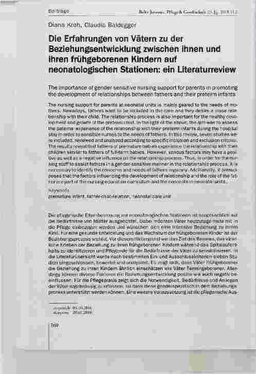 Vorschauseite 1: Die Erfahrungen von Vätern zu der Beziehungsentwicklung zwischen ihnen und ihren frühgeborenen Kindern auf neonatologischen Stationen: ein Literaturreview