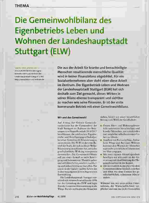Vorschauseite 1: Die Gemeinwohlbilanz des Eigenbetriebs Leben und Wohnen der Landeshauptstadt Stuttgart (ELW)