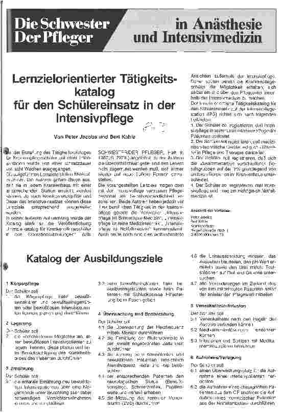 Vorschauseite 1: Lernzielorientierter Tätigkeitskatalog für den Schülereinsatz in der Intensivpflege