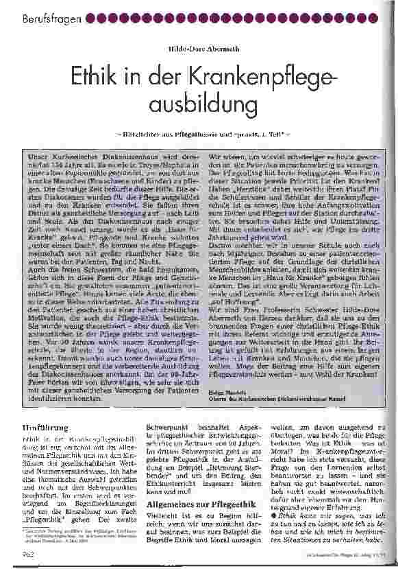 Vorschauseite 1: Ethik in der Krankenpflegeausbildung Blitzlichter aus Pflegetheorie und -praxis (Teil 1)