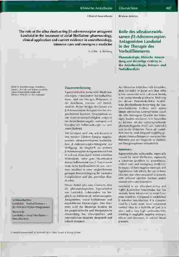 Vorschauseite 1: Rolle des ultrakurzwirksamen ß1-Adrenorezeptor-Antagonisten Landiolol in der Therapie des Vorhofflimmerns