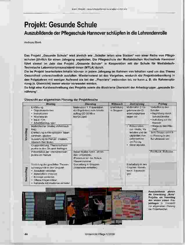 Vorschauseite 1: Projekt: Gesunde Schule Auszubildende der Pflegeschule Hannover schlüpfen in die Lehrendenrolle