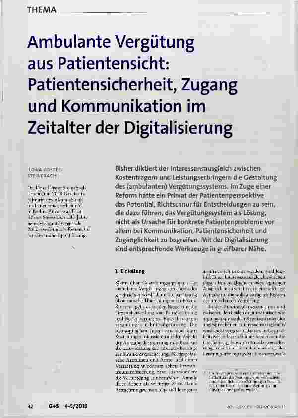 Vorschauseite 1: Ambulante Vergütung aus Patientensicht: Patientensicherheit, Zugang und Kommunikation im Zeitalter der Digitalisierung