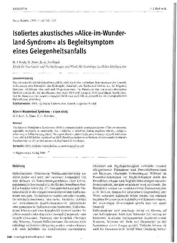Vorschauseite 1: Isoliertes akustisches »Alice-im-Wunder-land-Syndrom« als Begleitsymptom eines Gelegenheitsanfalls
