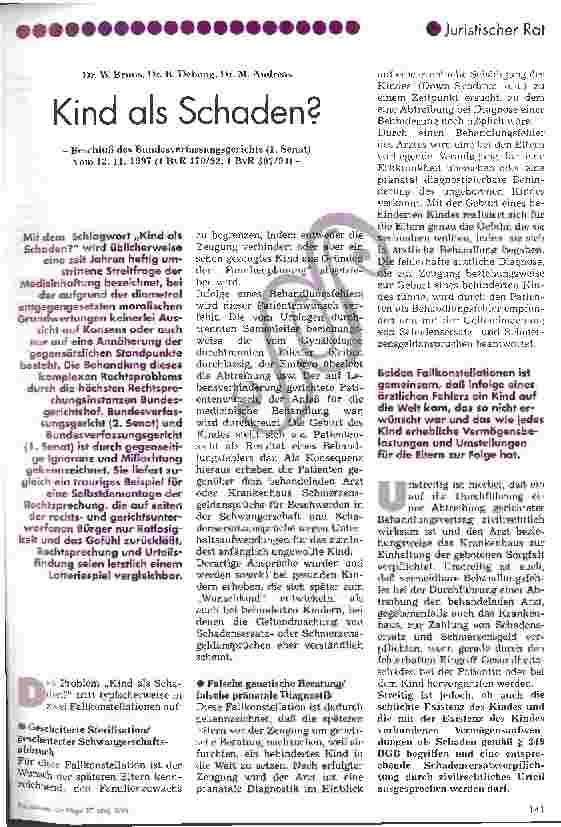 Vorschauseite 1: Kind als Schaden? Beschluß des Bundesverfassungsgerichts (1. Senat) vom 12.11.1997