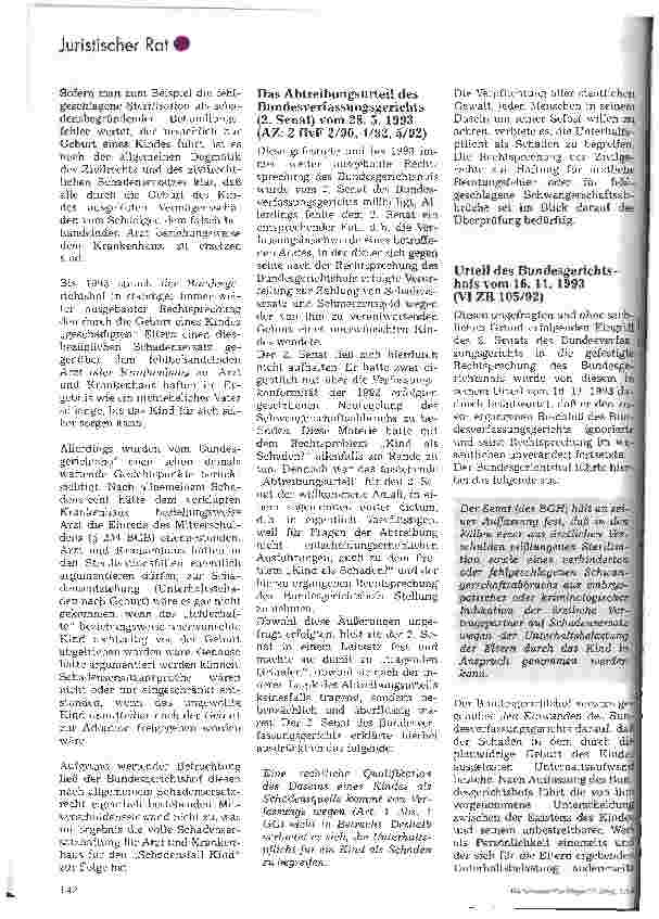 Vorschauseite 2: Kind als Schaden? Beschluß des Bundesverfassungsgerichts (1. Senat) vom 12.11.1997