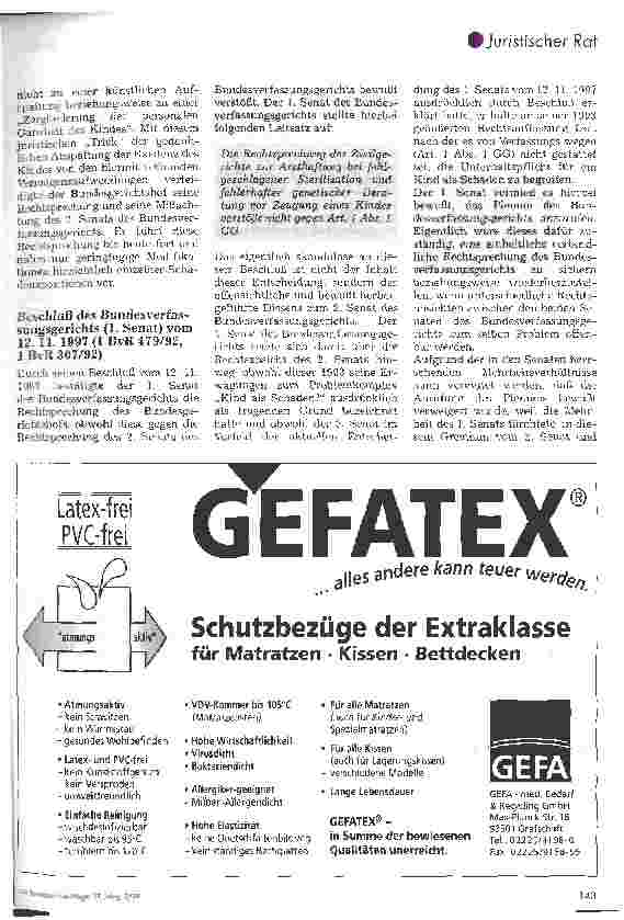 Vorschauseite 3: Kind als Schaden? Beschluß des Bundesverfassungsgerichts (1. Senat) vom 12.11.1997