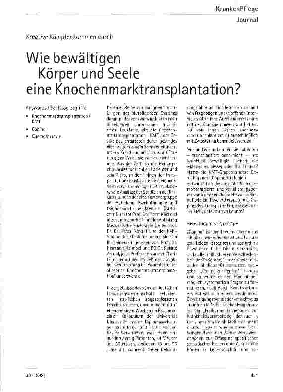 Vorschauseite 1: Wie bewältigen Körper und Seele eine Knochenmarktransplantation? Kreative Kämpfer kommen durch