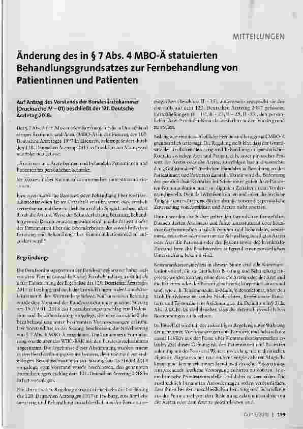 Vorschauseite 1: Änderung des in § 7 Abs. 4 MBO-Ä statuierten Behandlungsgrundsatzes zur Fernbehandlung von Patientinnen und Patienten