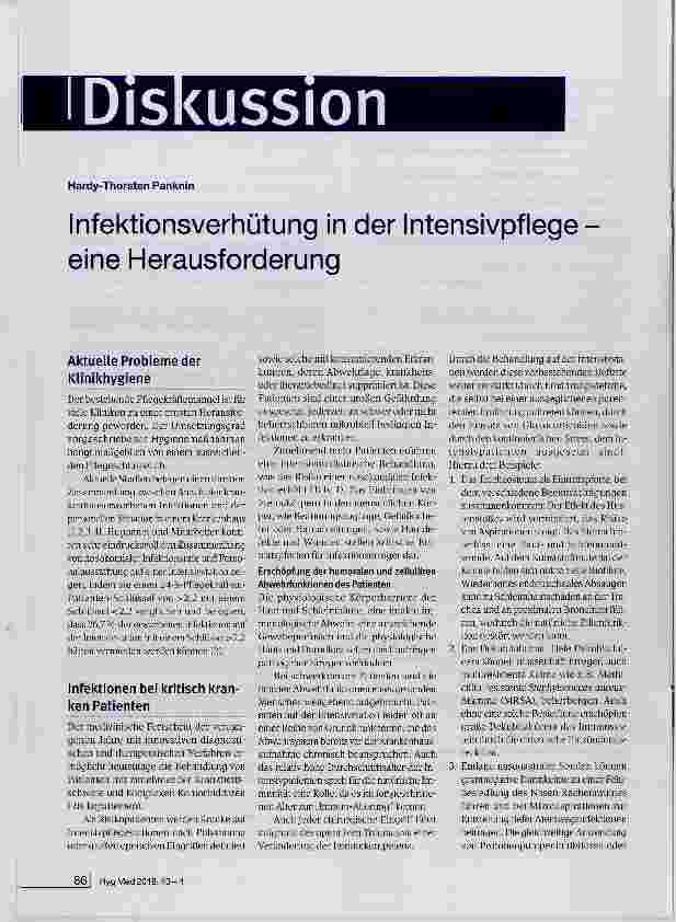 Vorschauseite 1: Infektionsverhütung in der Intensivpflege eine Herausforderung