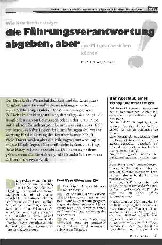Vorschauseite 1: Wie Krankenhausträger die Führungsverantwortung abgeben, aber ihre Mitsprache sichern können.