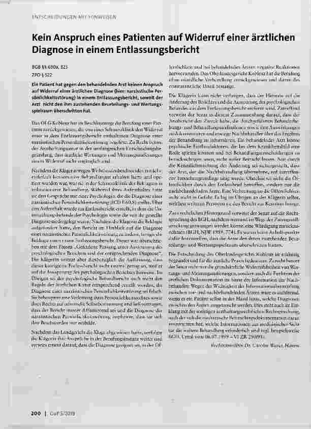 Vorschauseite 1: Kein Anspruch eines Patienten auf Widerruf einer ärztlichen Diagnose in einem Entlassungsbericht