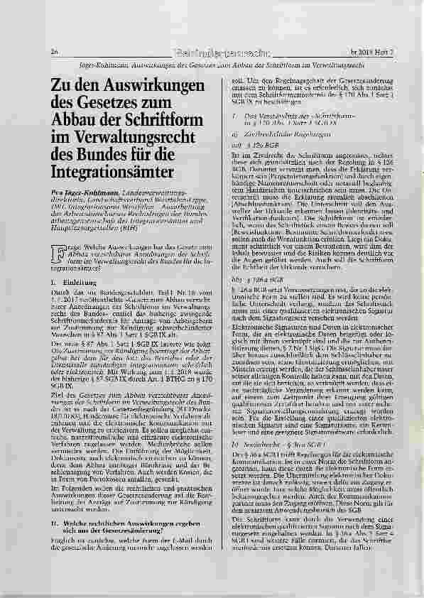 Vorschauseite 1: Zu den Auswirkungen des Gesetzes zum Abbau der Schriftform im Verwaltungsrecht des Bimdes für die Integrationsämter