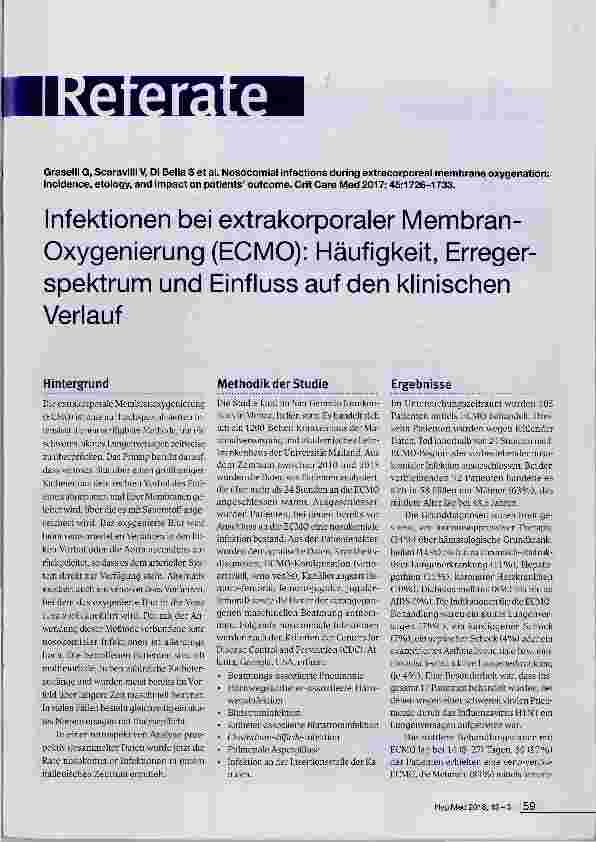 Vorschauseite 1: Infektionen bei extrakorporaler Membran- Oxygenierung (ECMO): Häufigkeit, Erregerspektrum und Einfluss auf den klinischen