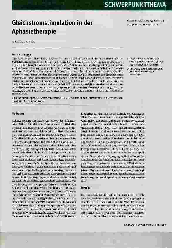 Vorschauseite 1: Gleichstromstimulation in der Aphasietherapie