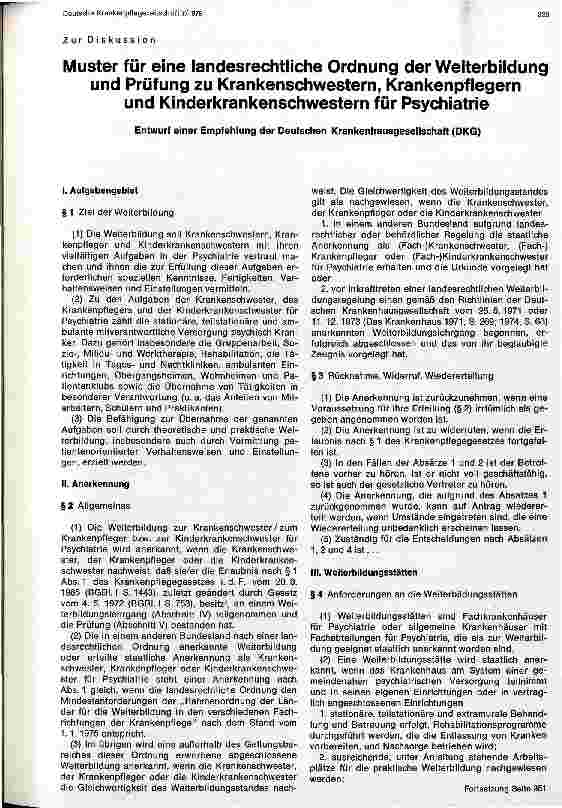 Vorschauseite 1: Muster für eine landesgerechtliche Ordnung der Weiterbildung und Prüfung zu Krankenschwestern/Pflegern für die Psychatrie