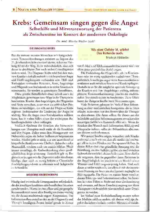 Vorschauseite 1: Krebs: Gemeinsam singen gegen die Angst Selbsthilfe und Mitverantwortung der Patienten als Zwischentöne im Konzert der modernen Onkologie