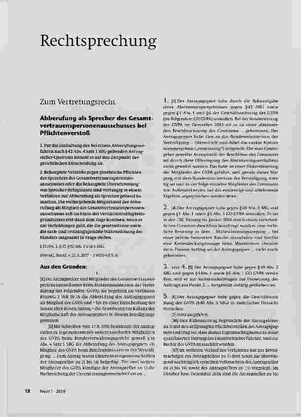 Vorschauseite 1: Abberufung als Sprecher des Gesamtvertrauenspersonenausschusses bei Pflichtenverstoß