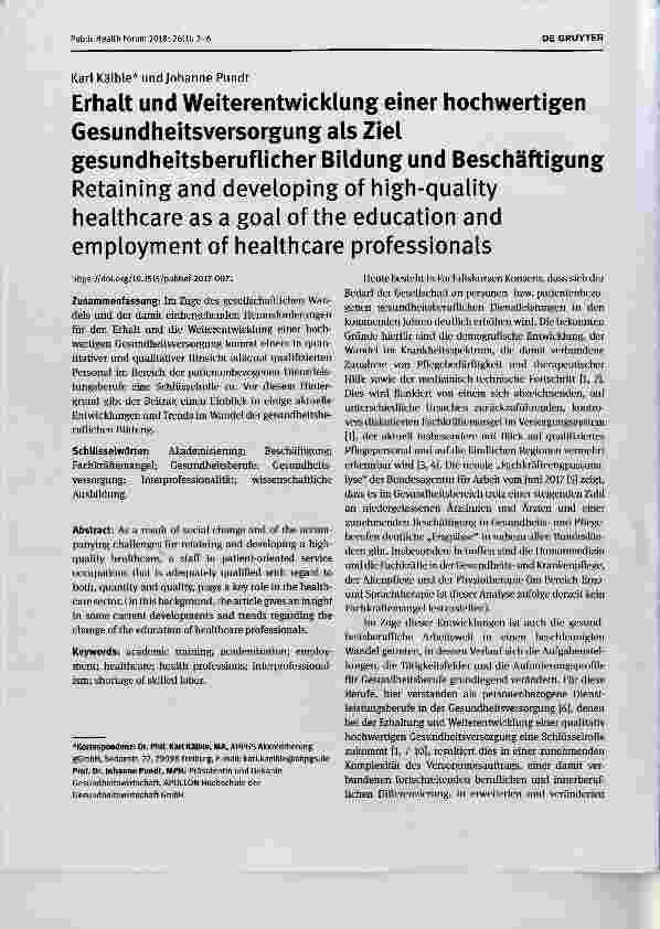 Vorschauseite 1: Erhalt und Weiterentwicklung einer hochwertigen Gesundheitsversorgung als Ziel gesundheitsberuflicher Bildung und Beschäftigung