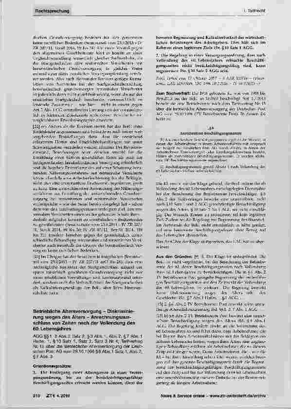 Vorschauseite 1: Betriebliche Altersversorgung Diskriminierung wegen des Alters Anrechnungsausschluss von Zeiten nach der Vollendung des 60. Lebensjahres