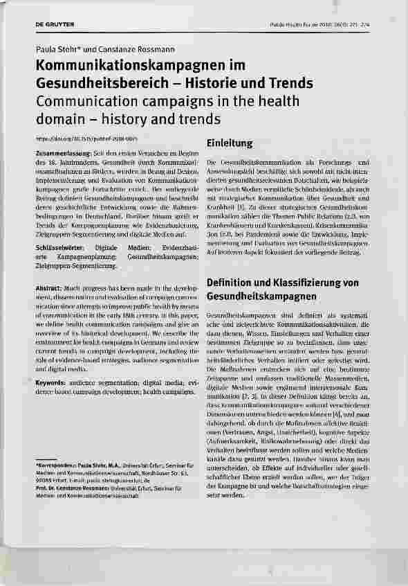 Vorschauseite 1: Kommunikationskampagnen im Gesundheitsbereich Historie und Trends Communication campaigns in the health Domain history and trends