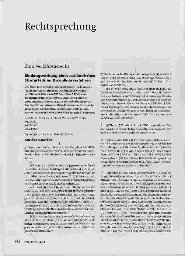 Vorschauseite 1: Bindungswirkung eines ausländischen Strafurteils im Disziplinarverfahren