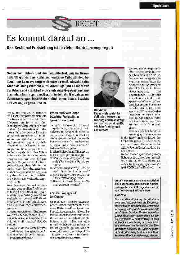 Vorschauseite 1: Es kommt darauf an. .. . Das Recht auf Freistellung ist in vielen Betrieben ungeregelt