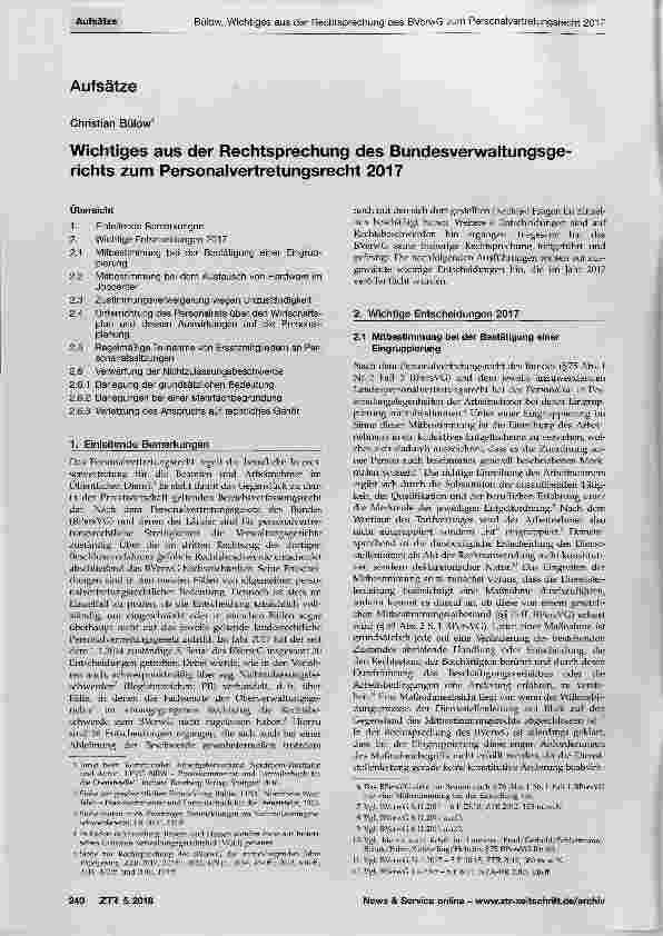 Vorschauseite 1: Wichtiges aus der Rechtsprechung des Bundesverwaltungsgerichts zum Personalvertretungsrecht 2017