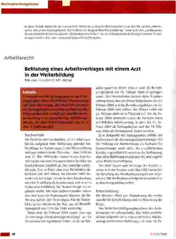 Vorschauseite 1: Befristung eines Arbeitsvertrages mit einem Arzt in der Weiterbildung
