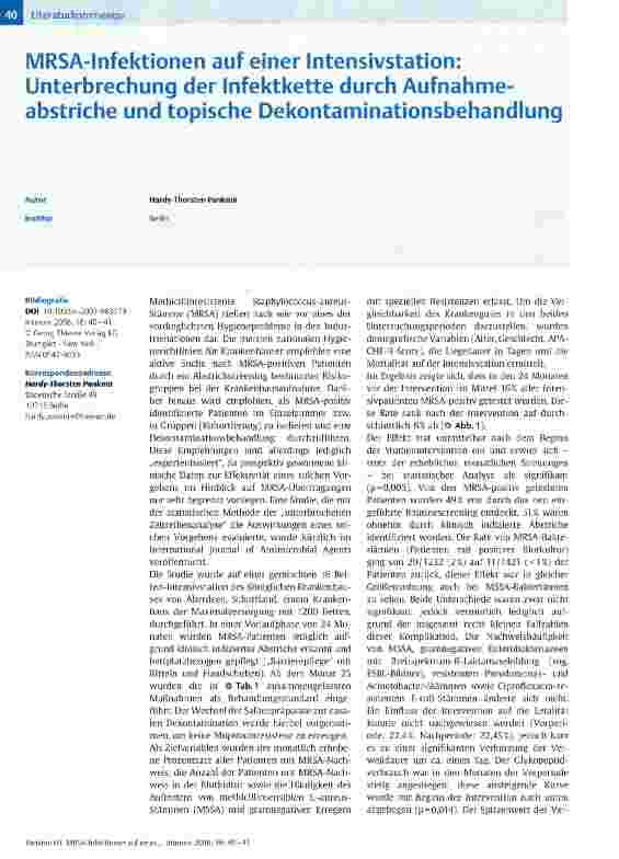 Vorschauseite 1: MRSA-Infektionen auf einer Intensivstation: Unterbrechung der Infektkette durch Aufnahmeabstriche und topische Dekontaminationsbehandlung