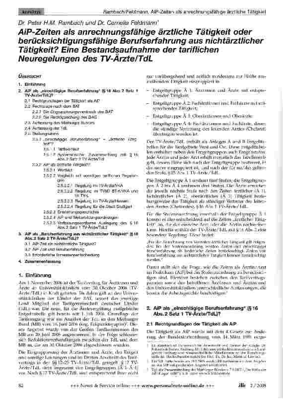 Vorschauseite 1: AiP-Zeiten als anrechnungsfähige ärztliche Tätigkeit oder berücksichtigungsfähige Berufserfahrung aus nichtärztlicher Tätigkeit? Eine Bestandsaufnahme der tariflichen Neuregelunge…