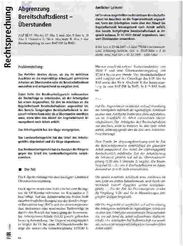 Vorschauseite 1: Abgrenzung Bereitschaftsdienst -Überstunden