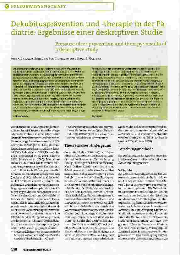 Vorschauseite 1: Dekubitusprävention und -therapie in der Pädiatrie: Ergebnisse einer deskriptiven Studie
