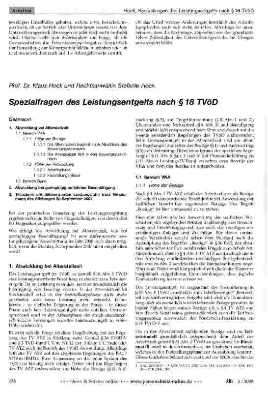 Vorschauseite 1: Spezialfragen des Leistungsentgelts nach § 18 TVöD