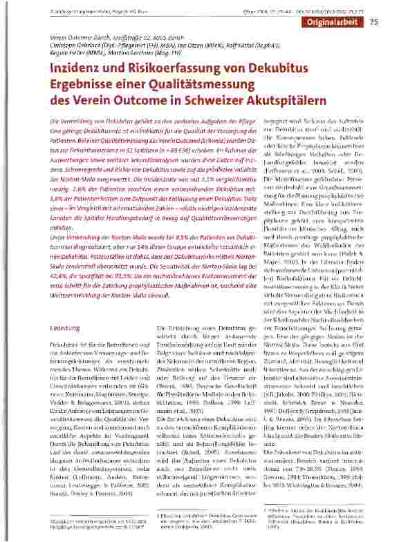 Vorschauseite 1: Inzidenz und Risikoerfassung von Dekubitus Ergebnisse einer Oualitätsmessung des Verein Outcome in Schweizer Akutspitälern