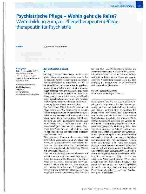 Vorschauseite 1: Psychiatrische Pflege - Wohin geht die Reise? Weiterbildung zum/zur Pflegetherapeuten/Pflegetherapeutin für Psychiatrie