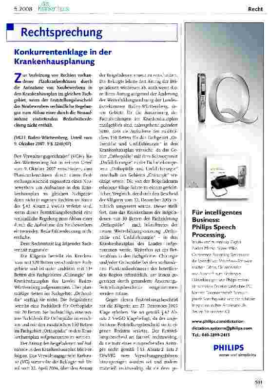 Vorschauseite 1: Konkurrentenklage in der Krankenhausplanung