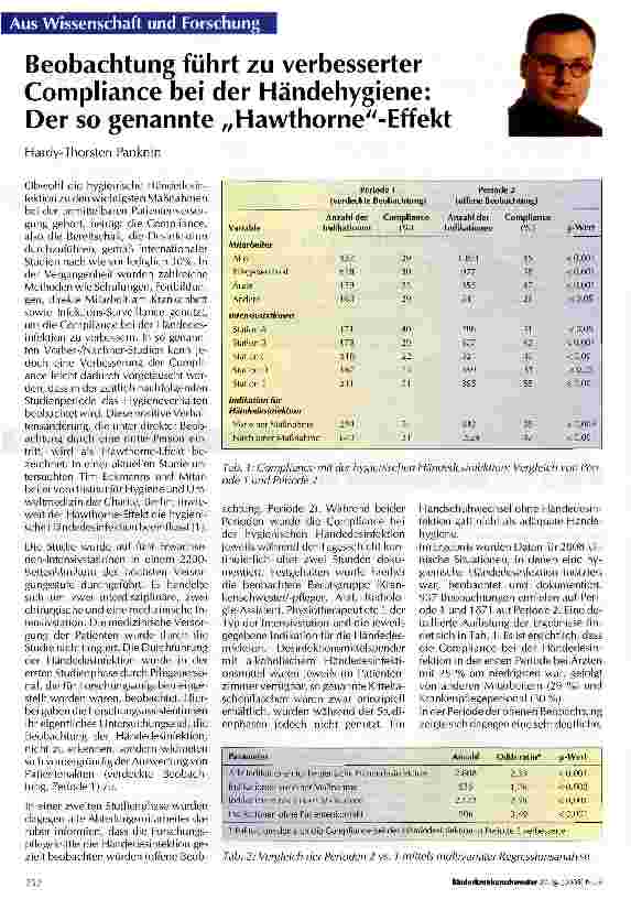 Vorschauseite 1: Beobachtung führt zu verbesserter Compliance bei der Händehygiene: Der so genannte „Hawthorne-Effekt