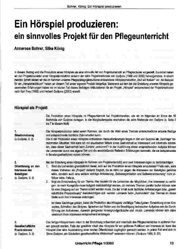 Vorschauseite 1: Ein Hörspiel produzieren: ein sinnvolles Projekt für den Pflegeunterricht