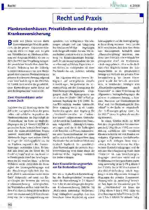 Vorschauseite 1: Plankrankenhäuser, Privatkliniken und die private Krankenversicherung