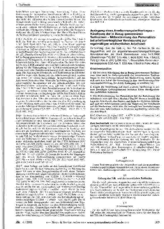 Vorschauseite 1: Auslegung eines Anerkennungstarifvertrages -Kündigung der in Bezug genommenen Tarifnormen - Mitbestimmung des Personalrats bei arbeitsvertraglicher Vereinbarung zur regelmäßigen w…