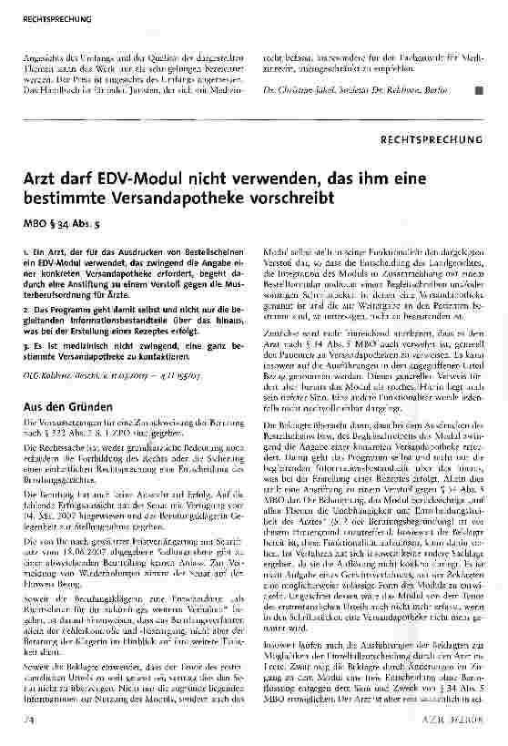 Vorschauseite 1: Arzt darf EDV-Modul nicht verwenden, das ihm eine bestimmte Versandapotheke vorschreibt