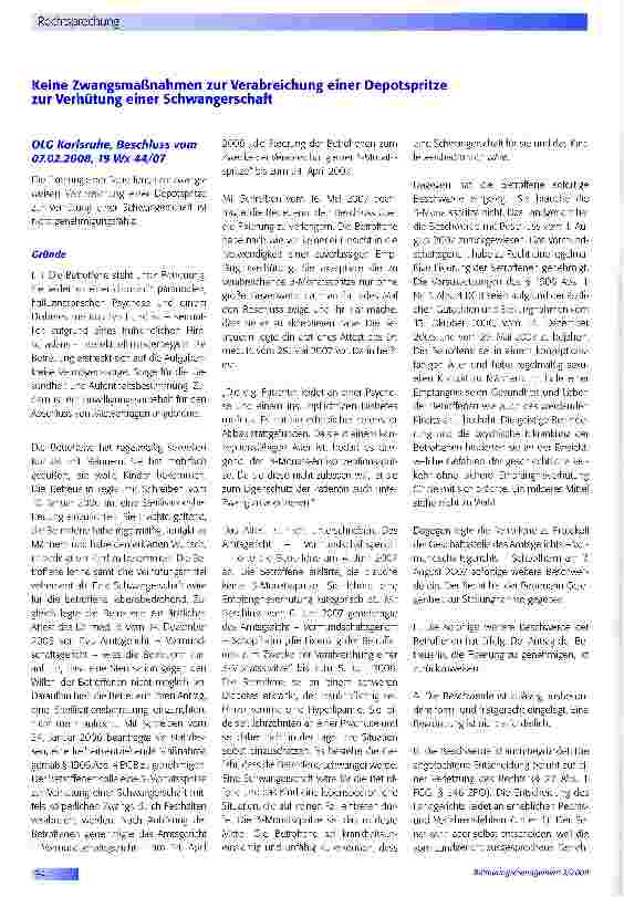 Vorschauseite 1: Keine Zwangsmaßnahmen zur Verabreichung einer Depotspritze zur Verhütung einer Schwangerschaft