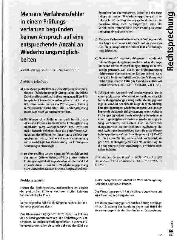 Vorschauseite 1: Mehrere Verfahrensfehler in einem Prüfungsverfahren begründen keinen Anspruch auf eine entsprechende Anzahl an Wiederholungsmöglichkeiten