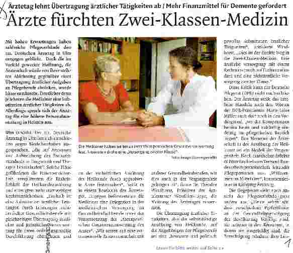 Vorschauseite 1: Ärzte fürchten Zwei-Klassen-Medizin Ärztetag lehnt Übertragung ärztlicher Tätigkeiten ab / Mehr Finanzmittel für Demente gefordert