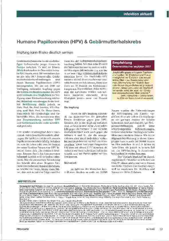Vorschauseite 1: Humane Papillomviren (HPV) & Gebärmutterhalskrebs. Impfung kann Risiko deutlich senken