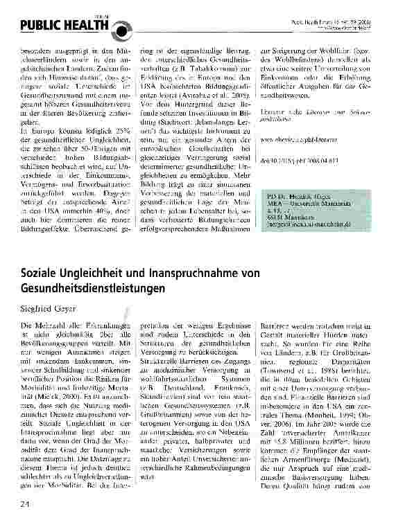 Vorschauseite 1: Soziale Ungleichheit und Inanspruchnahme von Gesundheitsdienstleistungen