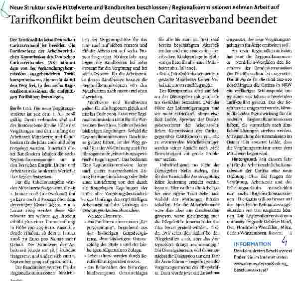 Vorschauseite 1: Tarifkonflikt beim deutschen Caritasverband beendet. Neue Struktur sowie Mittelwerte und Bandbreiten beschlossen / Regionalkommissionen nehmen Arbeit auf